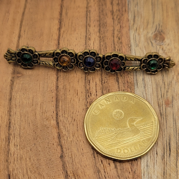 Vintage Brass Bar Multi-color Rhinestones in C-Clasp Closure Circa 1930s - Picture 6 of 6